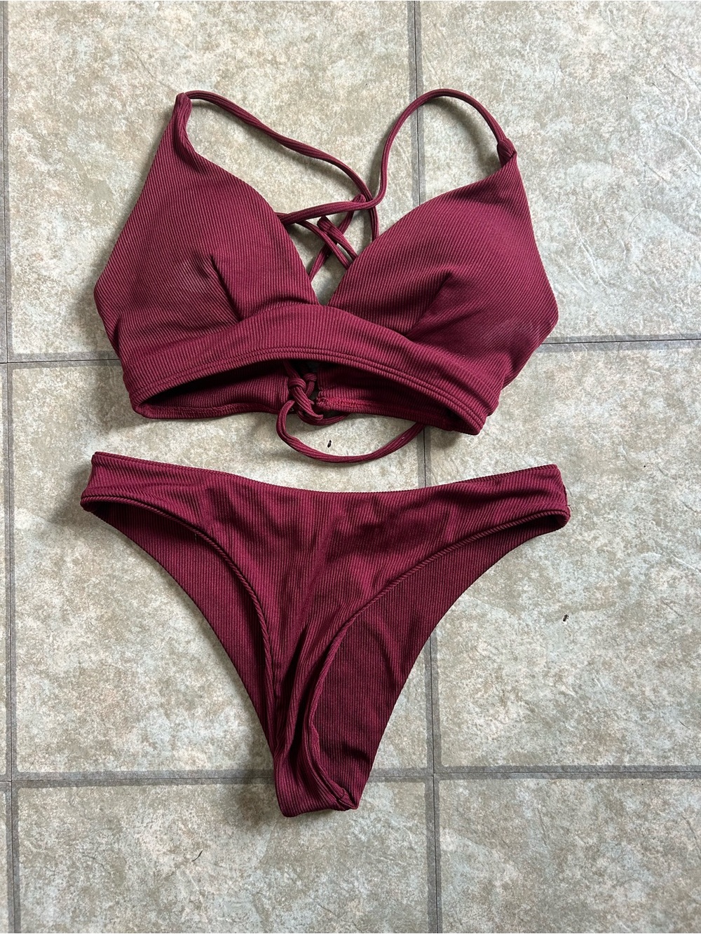 Zaful Ribbed Wine Red Strappy Bikini Set